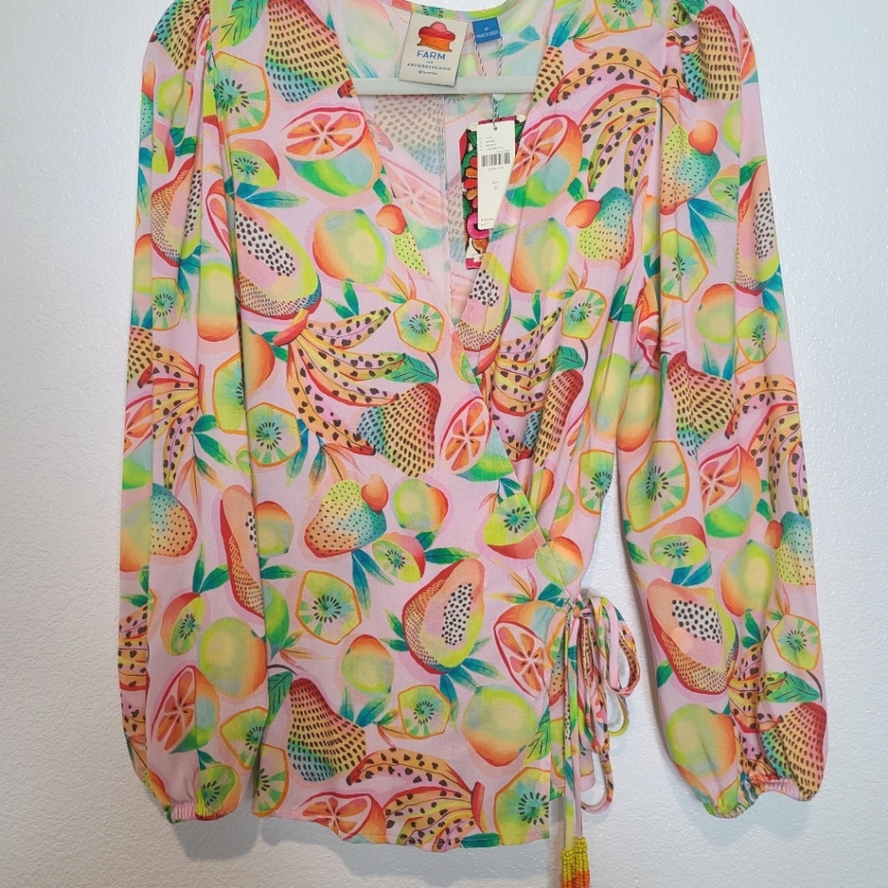 Anthropologie Farm Rio Rainbow Forest Fruits Print Wrap Blouse - Picture 8 of 13